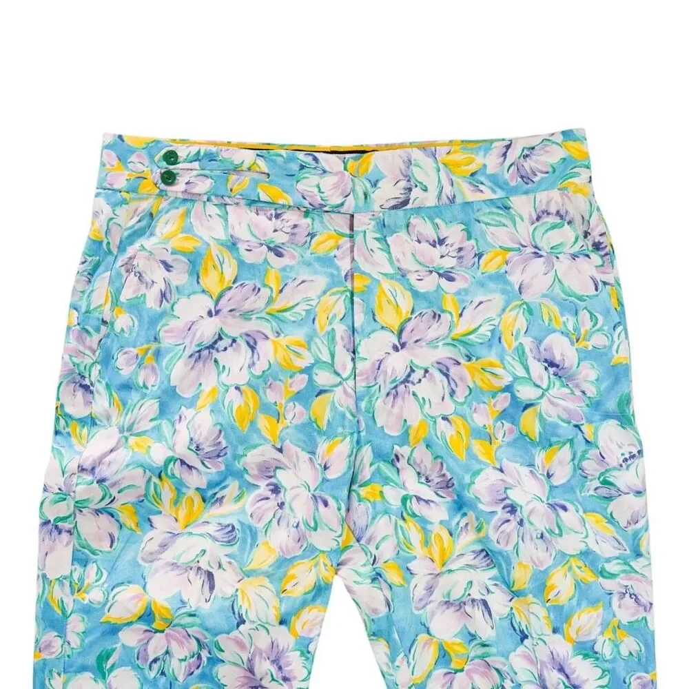 Mens Gurkha Pants 38 Blue Purple Yellow Floral Straight Fit Flat Front Trousers